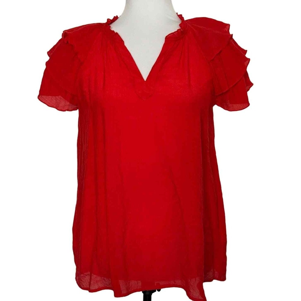 Nanette Lepore Blouse Womens S Ruffle Split Neck Tiered Flutter‎ Sleeve Red